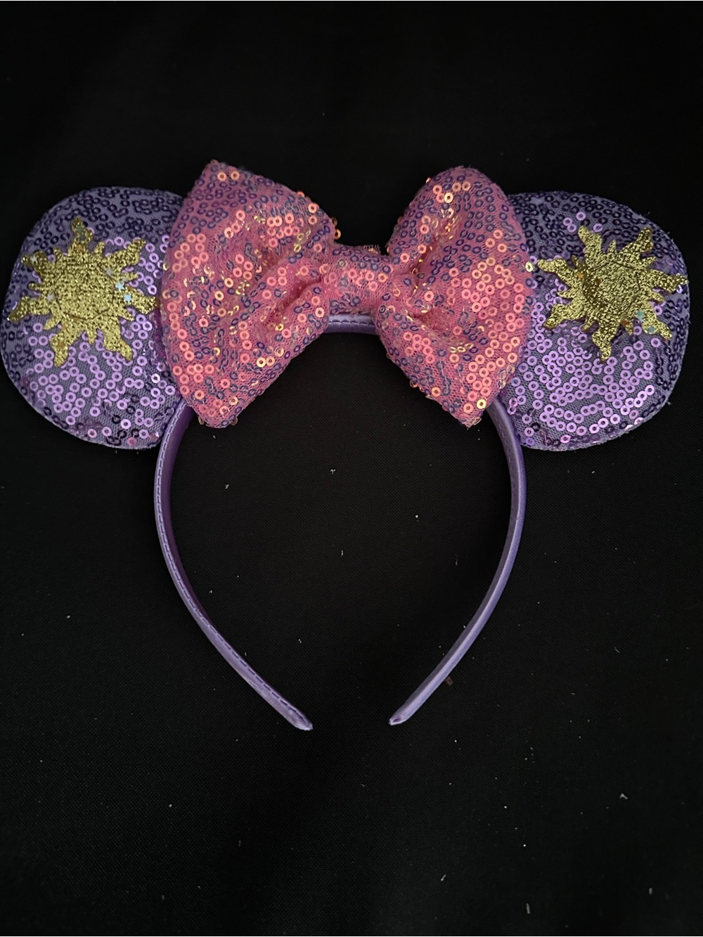 Tangled Purple Sequin Mouse Ear Headband with Pink Bow
